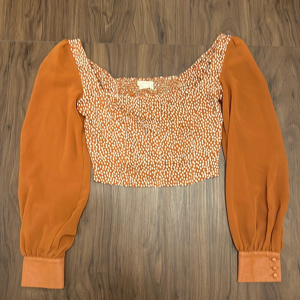 UO polka dot cropped sheer bell sleeved top